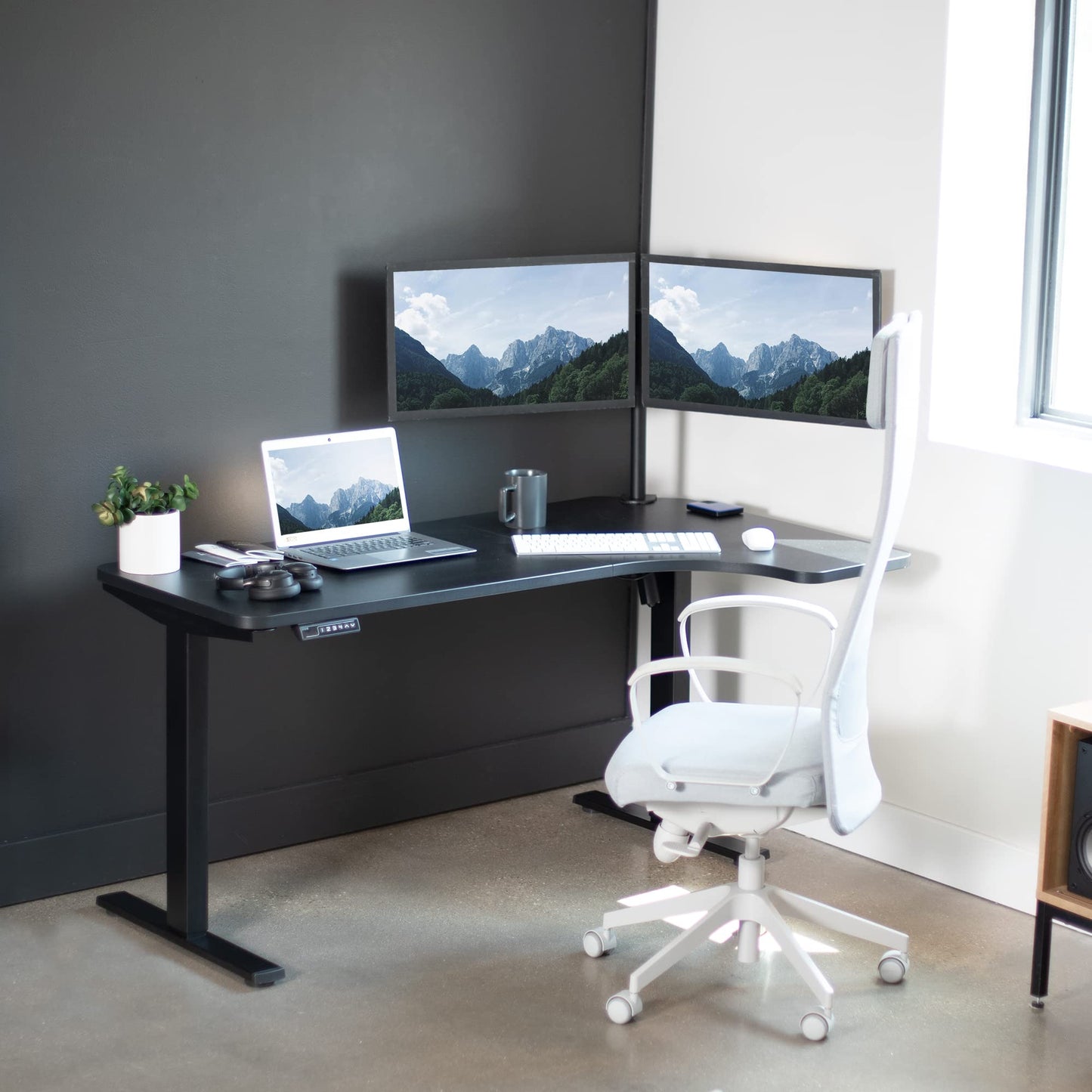 VIVO Electric Corner 58 x 35 inch L-Shaped Standing Desk Workstation, Memory Controller Height Adjustment, Reversible Black Top, Black Frame, DESK-KIT-1BRB