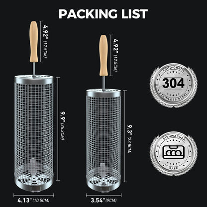 Rolling Grill Basket(2PCS), Removable Wooden Handle, 304 Stainless Steel, Grilling Accessories Tools for Vegetables Meat Food, Outdoor Camping Grilling, Birthday Gifts for Men Husband Men