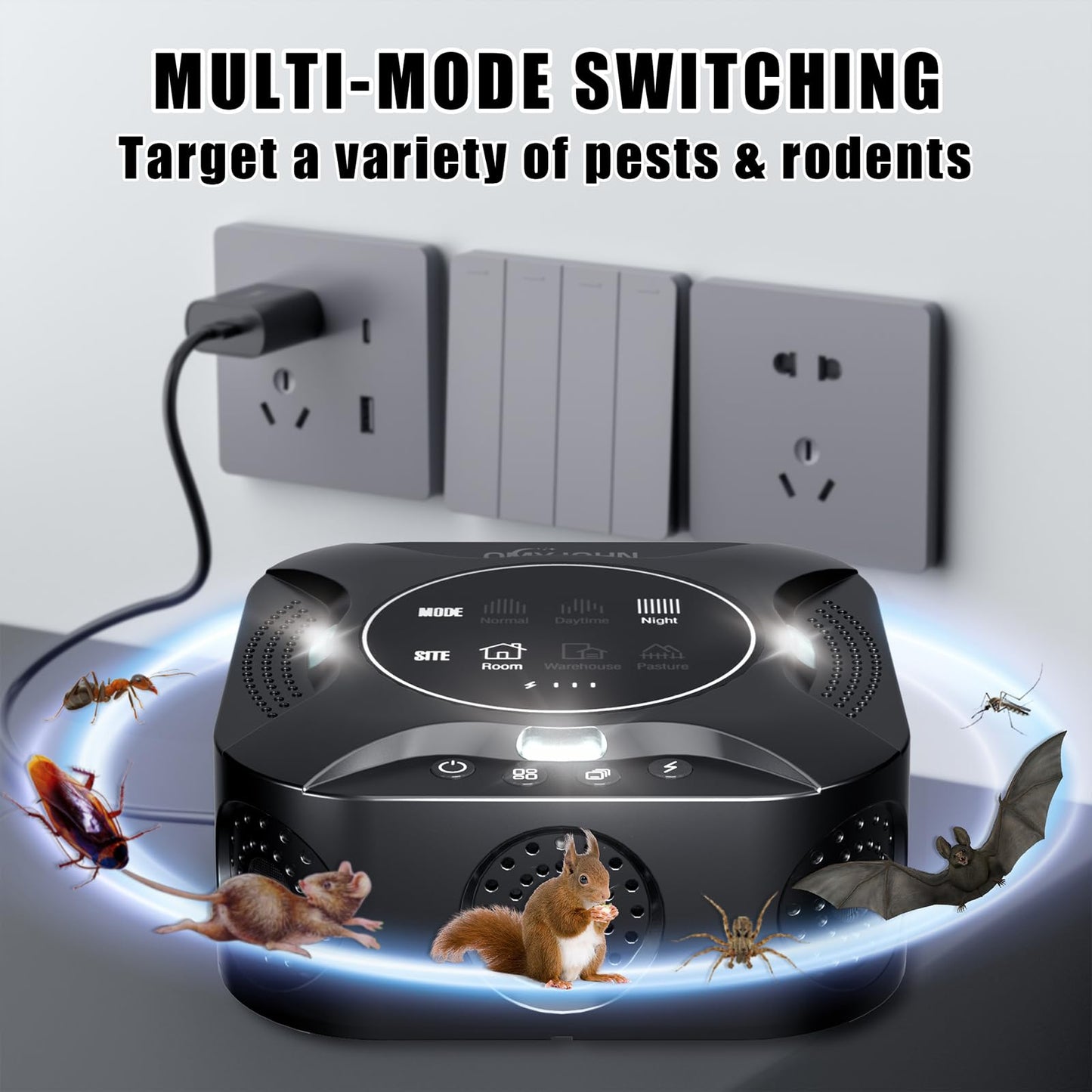 LED Display-Ultrasonic Pest Repeller Indoor,Multi-Mode Variable Frequency,with LED Strobe Light,Squirrel Repellent for House,Prevent Adaptation.Suitable for Houses,attics,garages,etc.