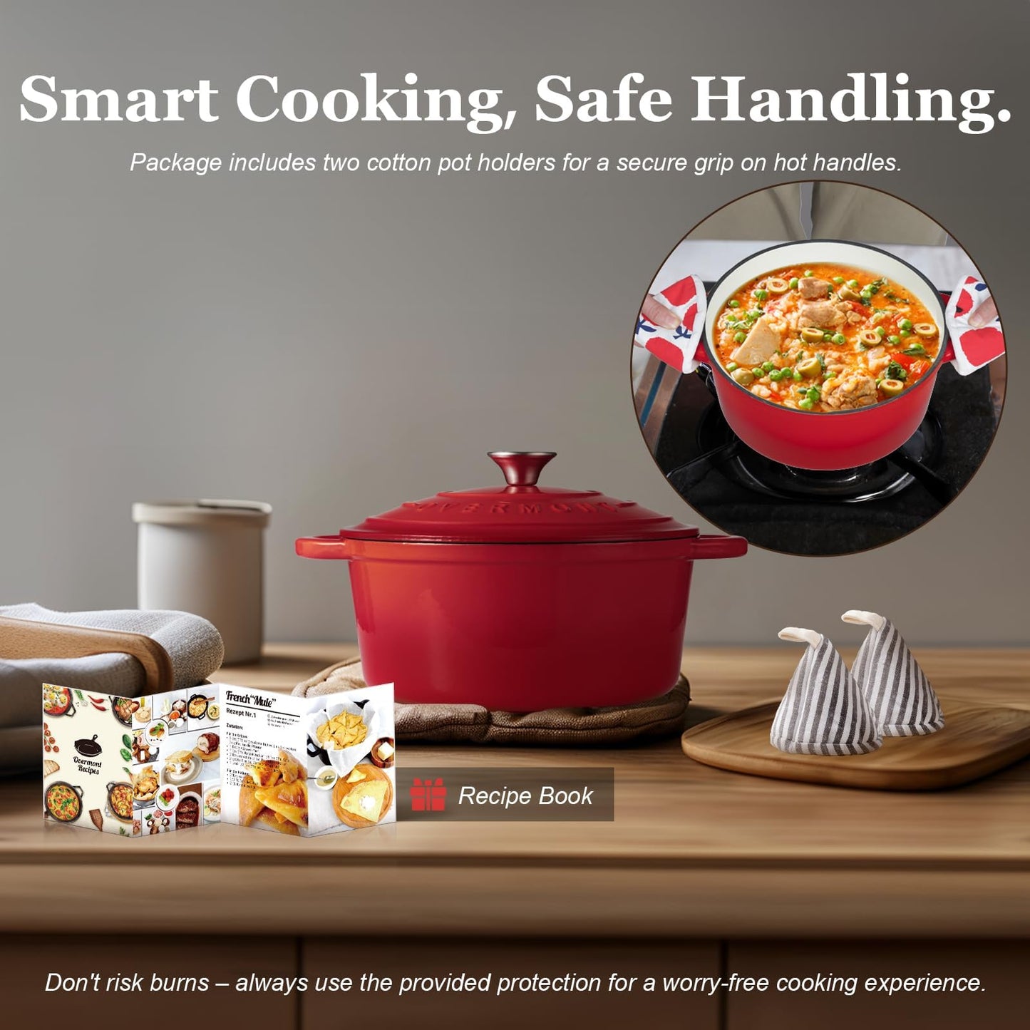 Overmont Enameled Cast Iron Dutch Oven - 5.5QT Pot with Lid Cookbook & Cotton Potholders - Heavy-Duty Cookware for Braising, Stews, Roasting, Bread Baking red