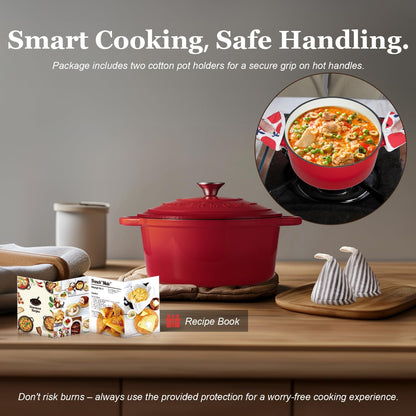 Overmont Enameled Cast Iron Dutch Oven - 5.5QT Pot with Lid Cookbook & Cotton Potholders - Heavy-Duty Cookware for Braising, Stews, Roasting, Bread Baking red