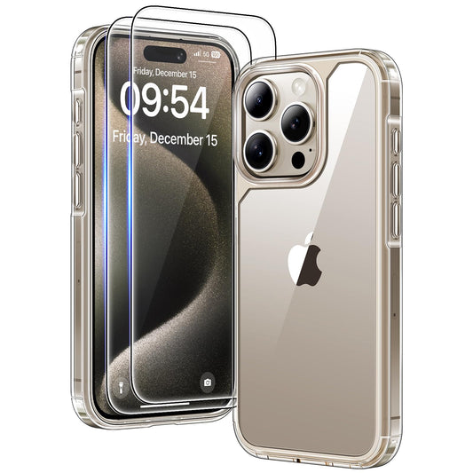 TAURI 3 in 1 for iPhone 15 Pro Max Case Clear, [Not Yellowing] with 2X Screen Protector, [15 FT Military-Grade Protection] Shockproof Case for 15 Pro Max 6.7 inch