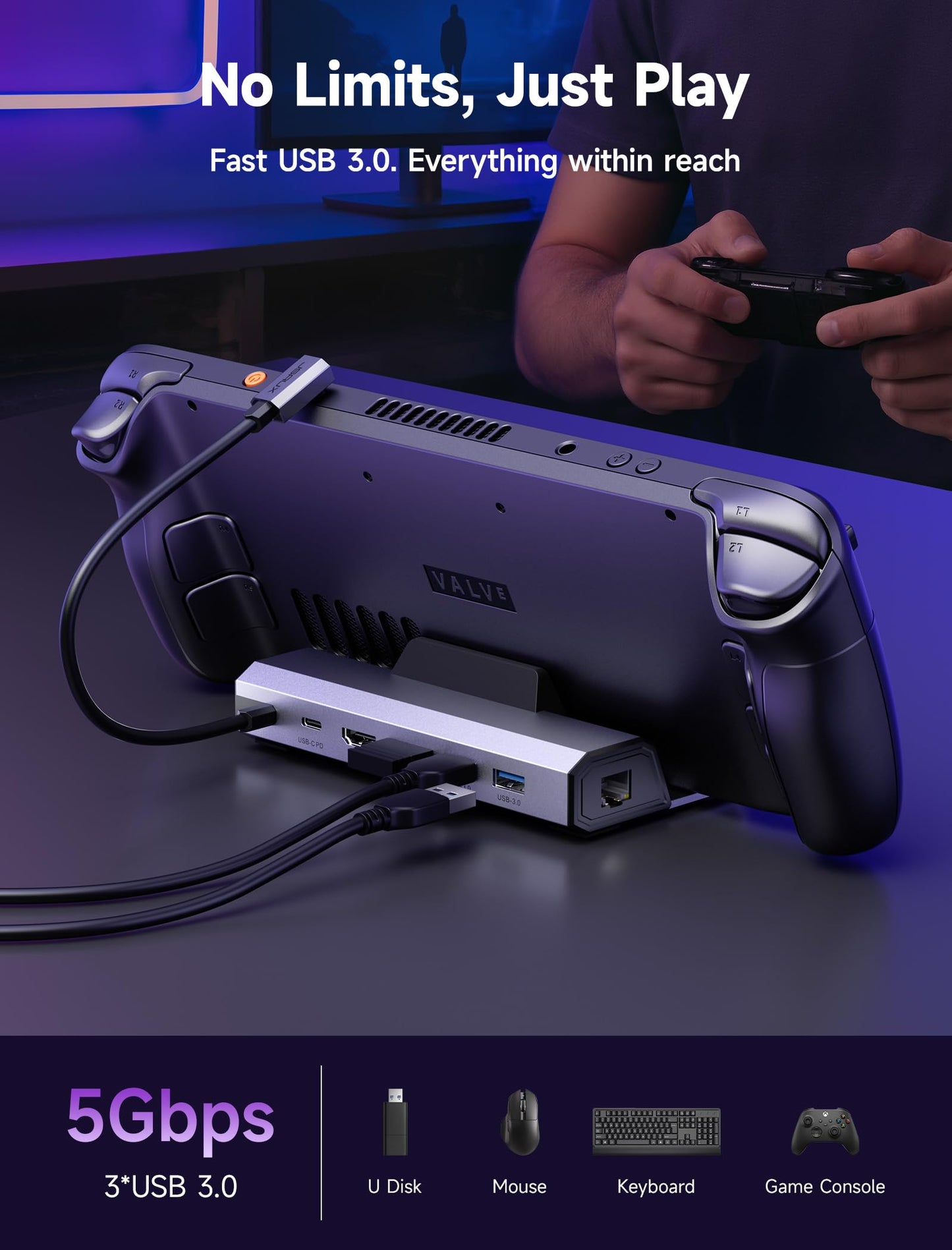 JSAUX Upgraded Docking Station 4K@120Hz for Steam Deck OLED/ROG Ally X/Legion Go (S)/MSi Claw, 6-in-1 Steam Deck Dock with HDMI 2.1, Gigabit Ethernet, 3 USB 3.0, 100W Charge for Steam Deck LCD-HB0603