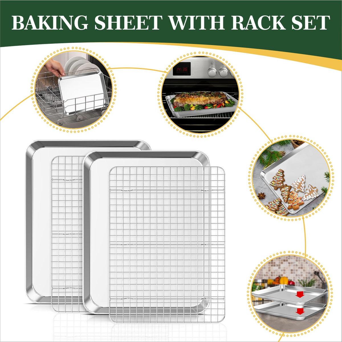 Baking Sheet Cooling Rack Set: 2PCS Stainless Steel Cookie Pan for Toaster Oven with Wire Rack Size 9 x 6.9 x 1 Inch - Nonstick Heavy Duty & Dishwasher Safe Cooking Tray for Roasting Bacon