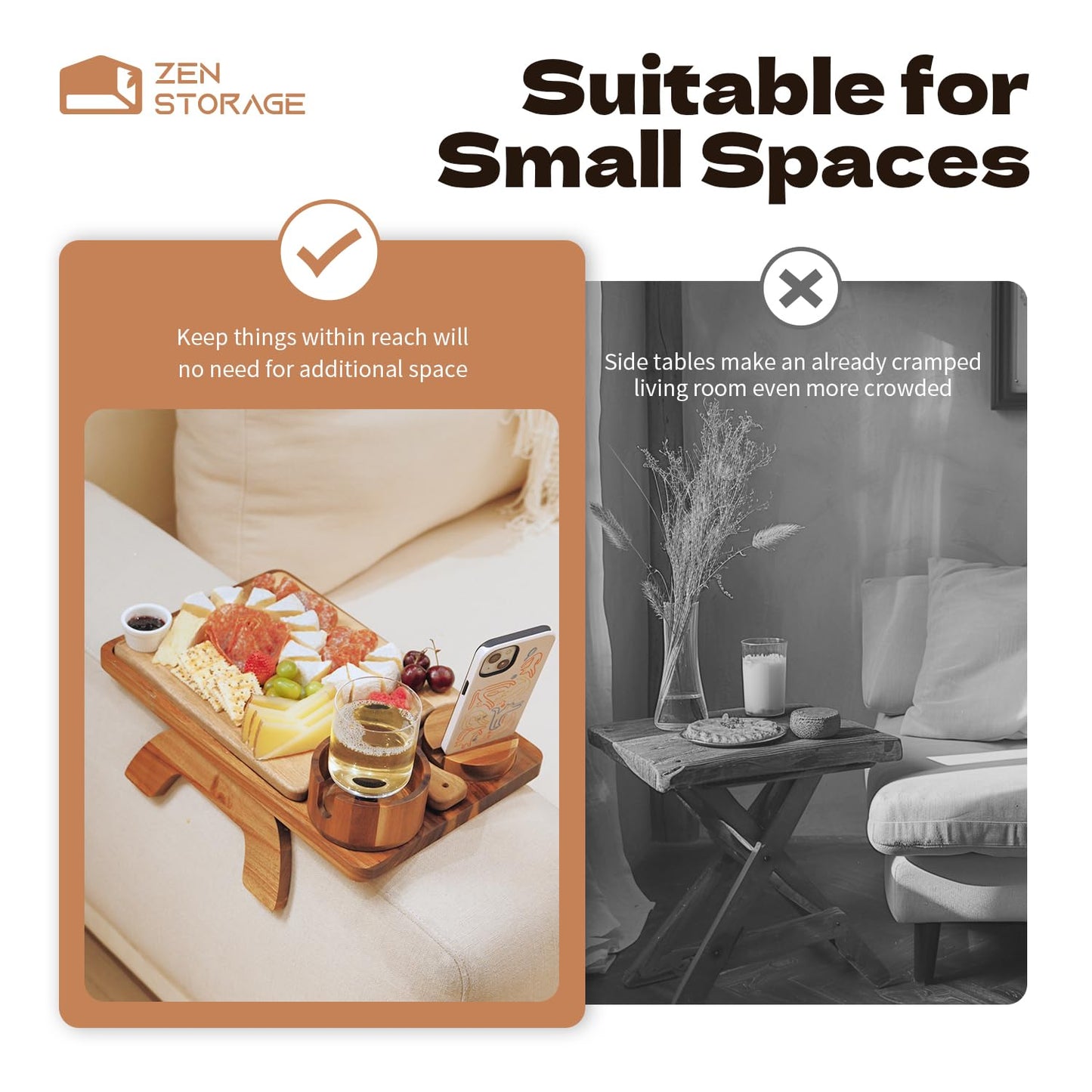 ZenStorage Acacia Wood Couch Arm Table Tray with Charcuterie Board with Phone Holder, Cup Slot & Folding for Wide/Narrow Recliners, Snack Table for Small Spaces TV Entertaining (Natural Wood)