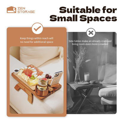 ZenStorage Acacia Wood Couch Arm Table Tray with Charcuterie Board with Phone Holder, Cup Slot & Folding for Wide/Narrow Recliners, Snack Table for Small Spaces TV Entertaining (Natural Wood)