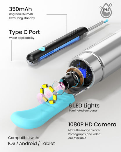 BEBIRD R1 Ear Wax Removal Tool - Spade Ear Cleaner with Ear Camera, 1080P Ear Scope, Earwax Remover Picker with 10 Replacement Tips Ear Pick with 6 LED Light for Earwax Cleaning, Support iPhone, Black