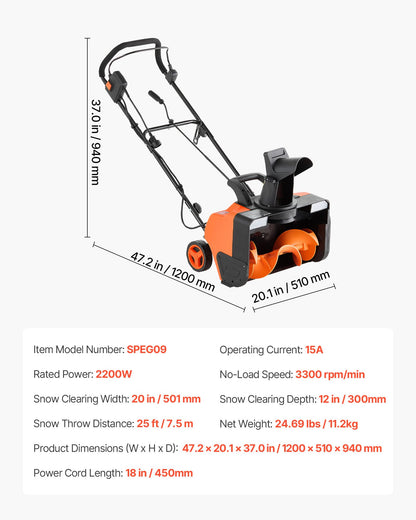 VEVOR Electric Snow Blower, 20 inch 15A Corded Snow Thrower with Dual LED Headlights & 180° Rotating Chute, 25FT Throwing Distance, 12" Depth Clearing, Walk-Behind Snowblower for Driveway Sidewalk