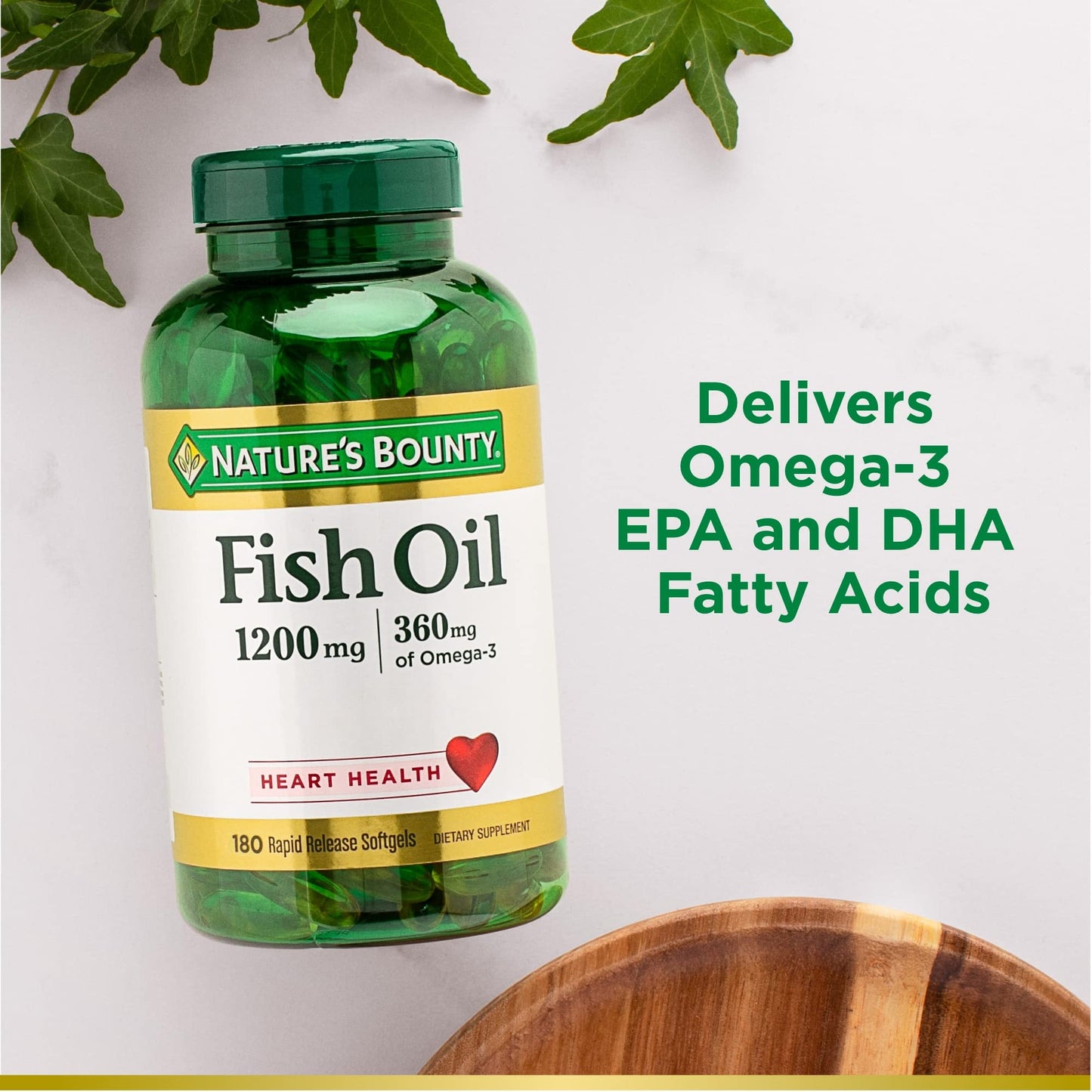 Nature’s Bounty Fish Oil 1200 mg, Supports Heart Health With Omega 3 EPA & DHA, 360 Rapid Release Softgels, Twin Pack