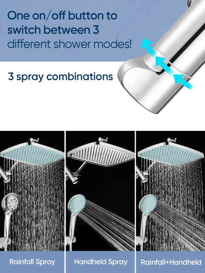 Heemli 12-inch Rain Showerhead - Dual Showerheads, High Pressure Showerhead with 8 Pattern Handheld Sprayer Set - Height Adjustable Upgrade Extension Arm, Chrome Plated
