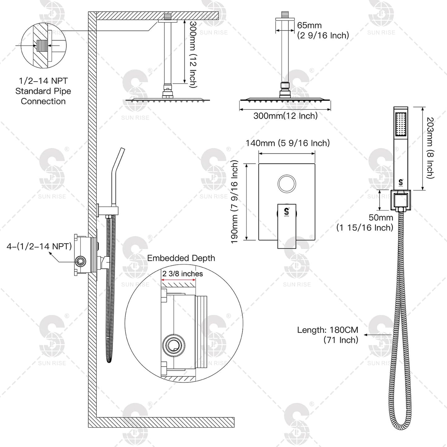 SR SUN RISE 12 Inch Ceiling Mounted Shower System Rain Mixer Shower Combo Set Rainfall Shower Head System Brushed Gold Shower Faucet Trim Repair Kits with Shower Rough-in Valve Body and Trim