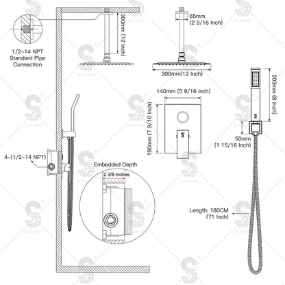 SR SUN RISE 12 Inch Ceiling Mounted Shower System Rain Mixer Shower Combo Set Rainfall Shower Head System Brushed Gold Shower Faucet Trim Repair Kits with Shower Rough-in Valve Body and Trim