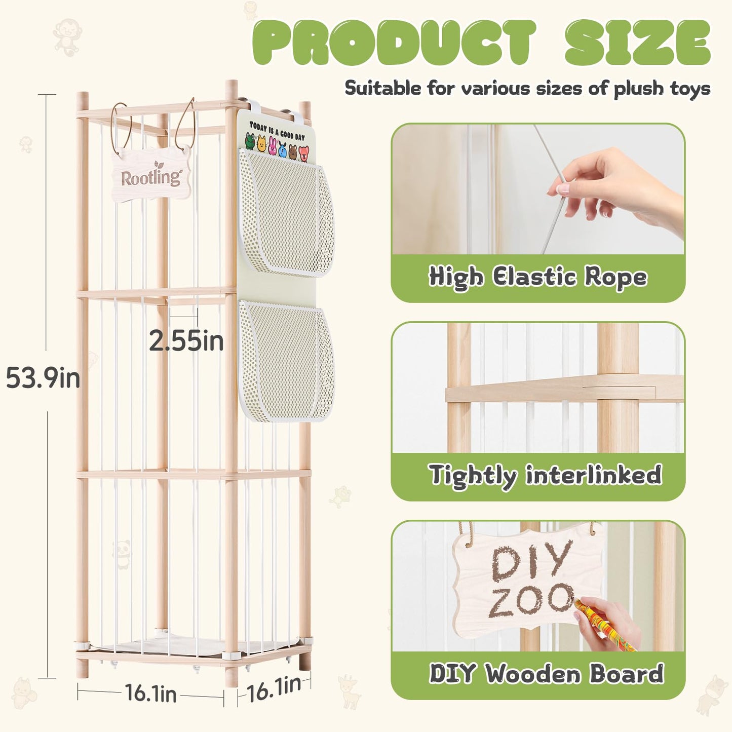 Stuffed Animals Storage & Organizer, 54 inch Tall Wooden Cute Zoo Toy Holder w/Building Block Storage Bag, Premium Wooden Material with Elastic Cord For Toddler Rooms, Playrooms & Bedrooms