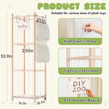 Stuffed Animals Storage & Organizer, 54 inch Tall Wooden Cute Zoo Toy Holder w/Building Block Storage Bag, Premium Wooden Material with Elastic Cord For Toddler Rooms, Playrooms & Bedrooms