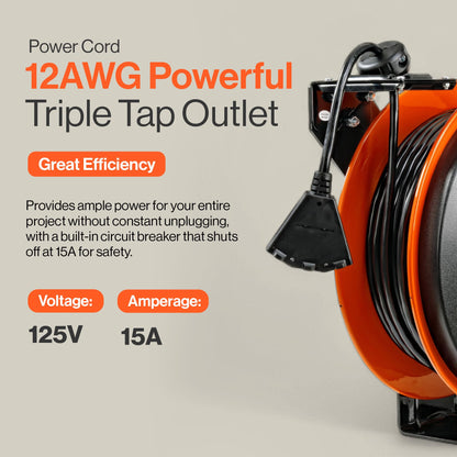 SuperHandy Extension Cord Reel Retractable 12AWG x 80' Foot 3C SJTOW Cable Triple Tap Connector Power Rating 125 Volt AC 15 Amp 1875 Watt Industrial Steel Single Arm