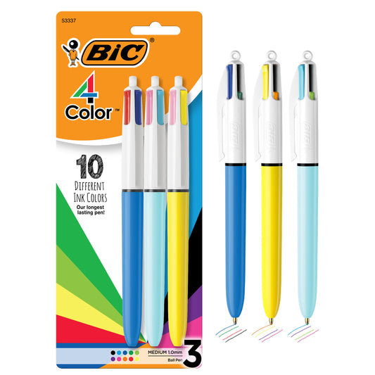 BIC 4-Color Retractable Ballpoint Pen, Long-Lasting Ink and Comfortable Wide Barrel, 3-Count Pack in Assorted Ink