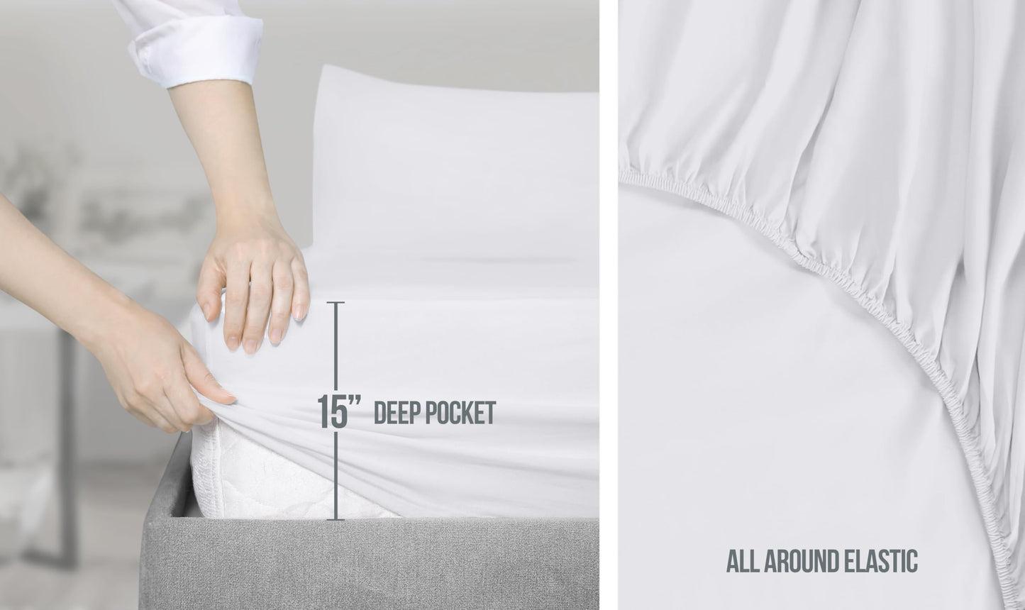 Utopia Bedding Queen Sheet Set, Soft Microfiber 4 Piece Hotel Luxury Bed Sheets for Women, Men, Kids & Teens with Side Storage Deep Pocket Fitted Sheet - Embroidered Pillow Cases - Flat Sheet (White)