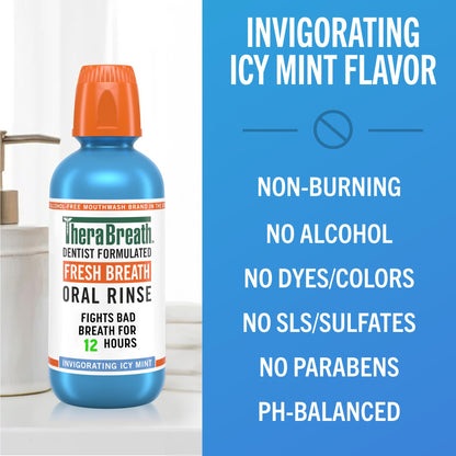 TheraBreath Fresh Breath Mouthwash, Icy Mint Flavor, Alcohol-Free, 16 Fl Oz (Pack of 2)