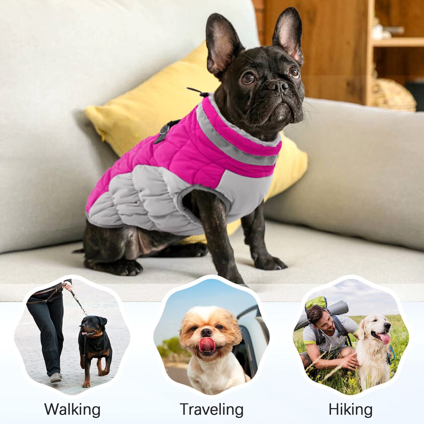 OUOBOB Dog Coat, Fleece Dog Vest with Harness Built in, Dog Cold Weather Coats, Dog Snowsuit Waterproof, Dog Coats for Small Dogs, Dog Winter Jacket Windproof, Dog Puffer Jacket Rose Red S