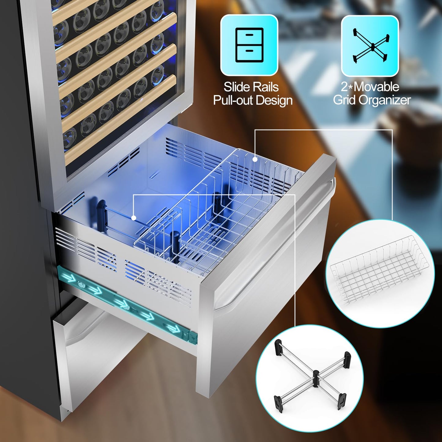 Velieta 24 Inch Wine and Beverage Refrigerator, 2 IN 1 Dual Zone Drawer Beverage Fridge Wine Cooler, Built-in or Freestanding Beverage Cooler with Powerful Compressor, Holds 108 Bottles and 150 Cans