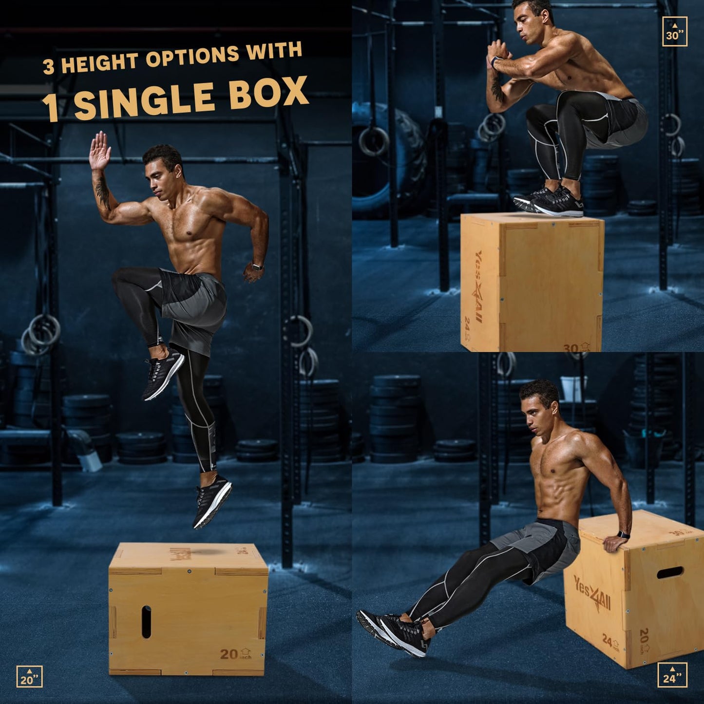 Yes4All 3 in 1 Wooden Plyo Box, Plyometric Box for Home Gym and Outdoor Workouts - 16x14x12