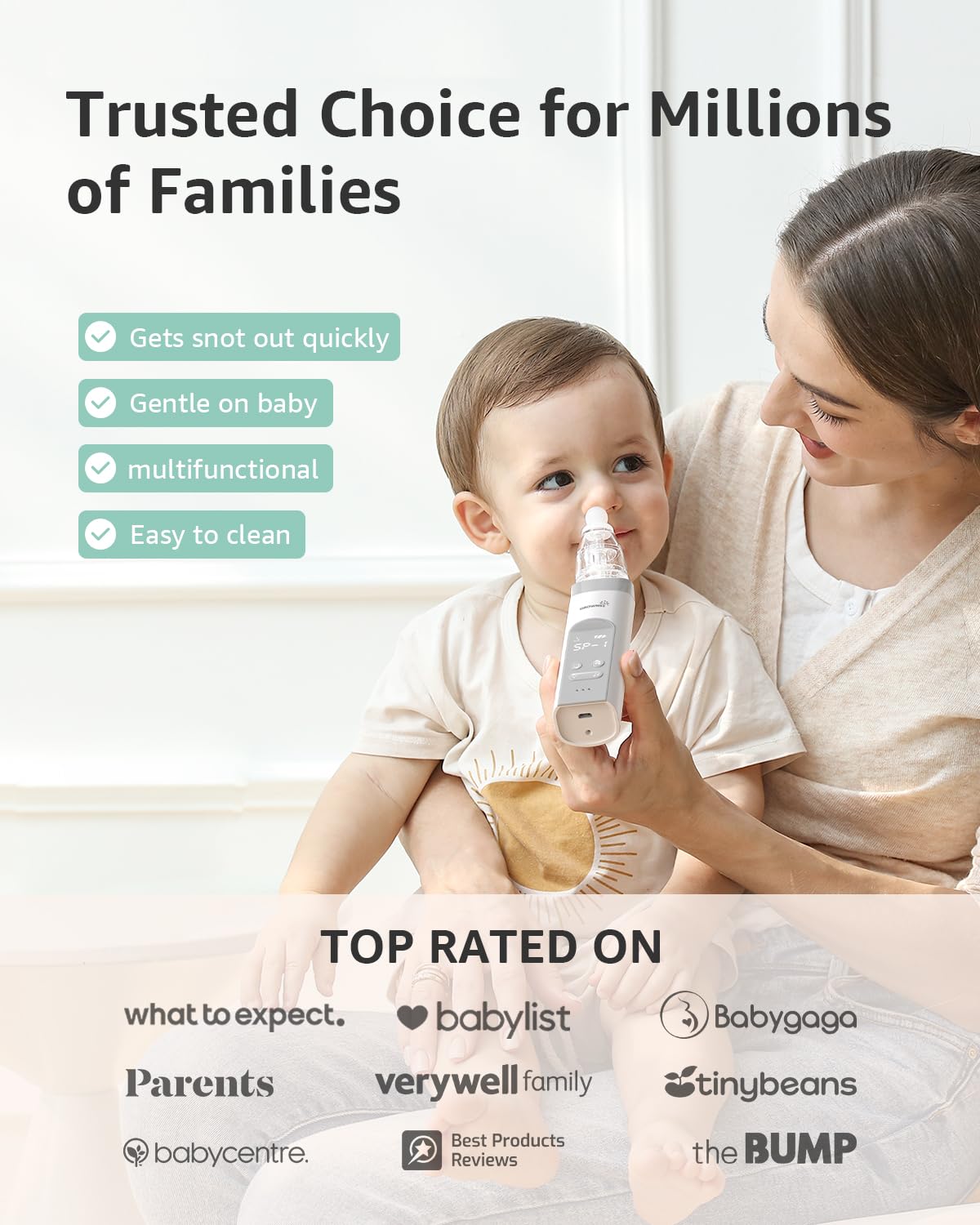 GROWNSY Nasal Aspirator for Baby, Baby Nose Sucker Pro with 3 Soft Silicone Tips, Adjustable Suction, Electric Nose Suction for Baby, Built-in Music & Light Soothing