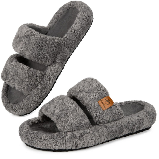 EverFoams Womens Fuzzy Open-toe Slippers Soft Comfy Memory Foam Indoor House Shoes Cool Gray,11-12 US