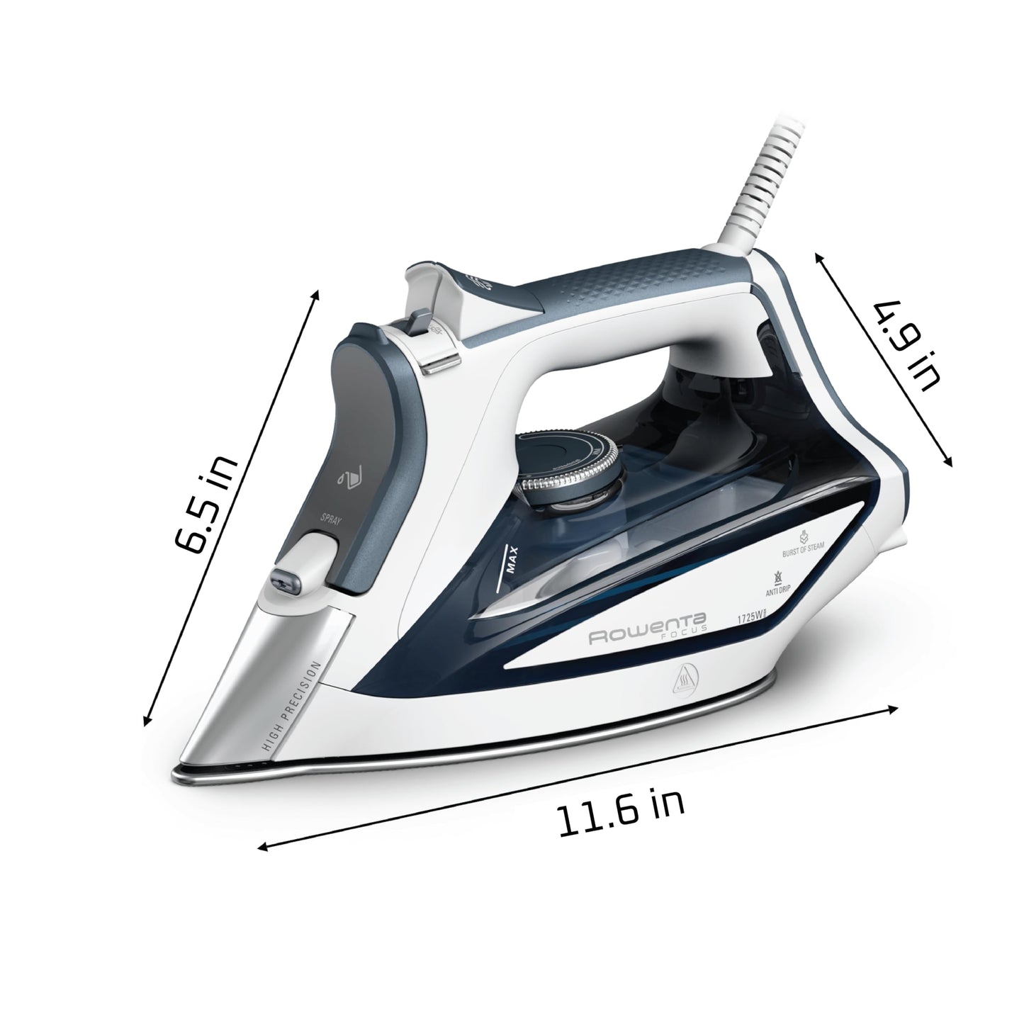Rowenta Iron Steamer for Clothes, Focus Stainless Steel Soleplate, 400 Microsteam Holes, Powerful Steam Iron, Lightweight, Leakproof, 1725 Watts