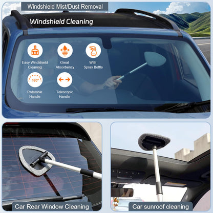 Windshield Cleaner Tool with Rotating Extendable Handle, 4 Reusable Microfiber Pads, Aluminum Window Cleaning Wand for Car Interior, Auto Glass, RV, Truck, with 30ml Spray Bottle