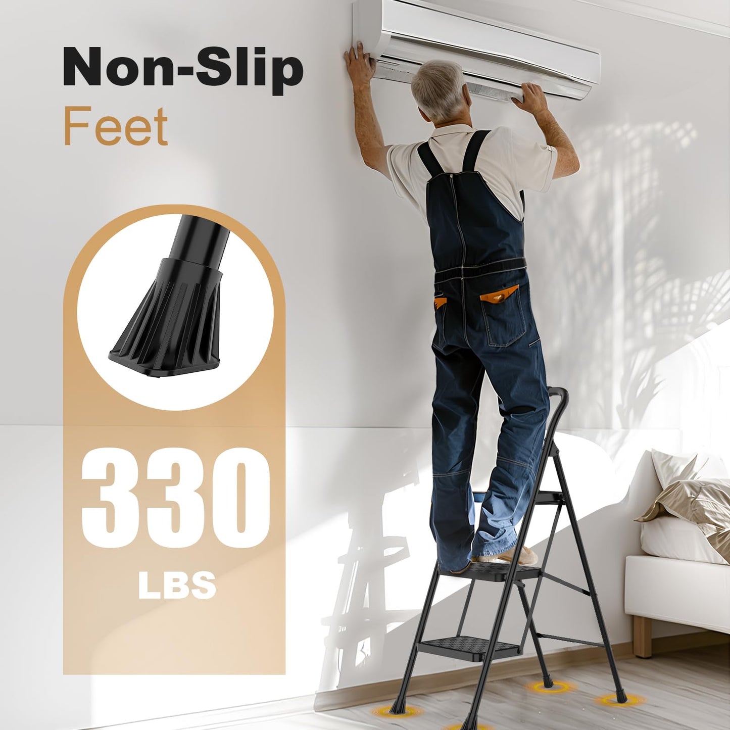 HBTower 3 Step Ladder, 3 Step Stool for Adults, 3 Step Ladder Folding Step Stool with Cushioned Handle Step Ladder with Wide Pedal Ergonomic Design,Black