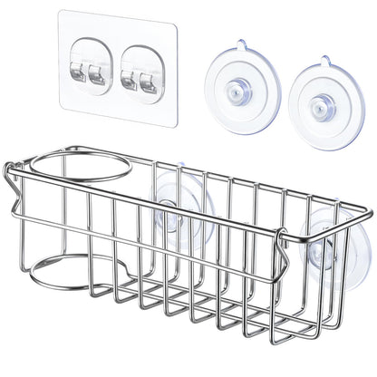 3-In-1 Sponge Holder for Kitchen Sink with Suction Cups & Adhesive Hook, In-sink Sponge Holder, Wall Hanging Sink Caddy Organizer Rack - Sponge, Dish Cloth, Brush, Scrubber - 304 Stainless Steel