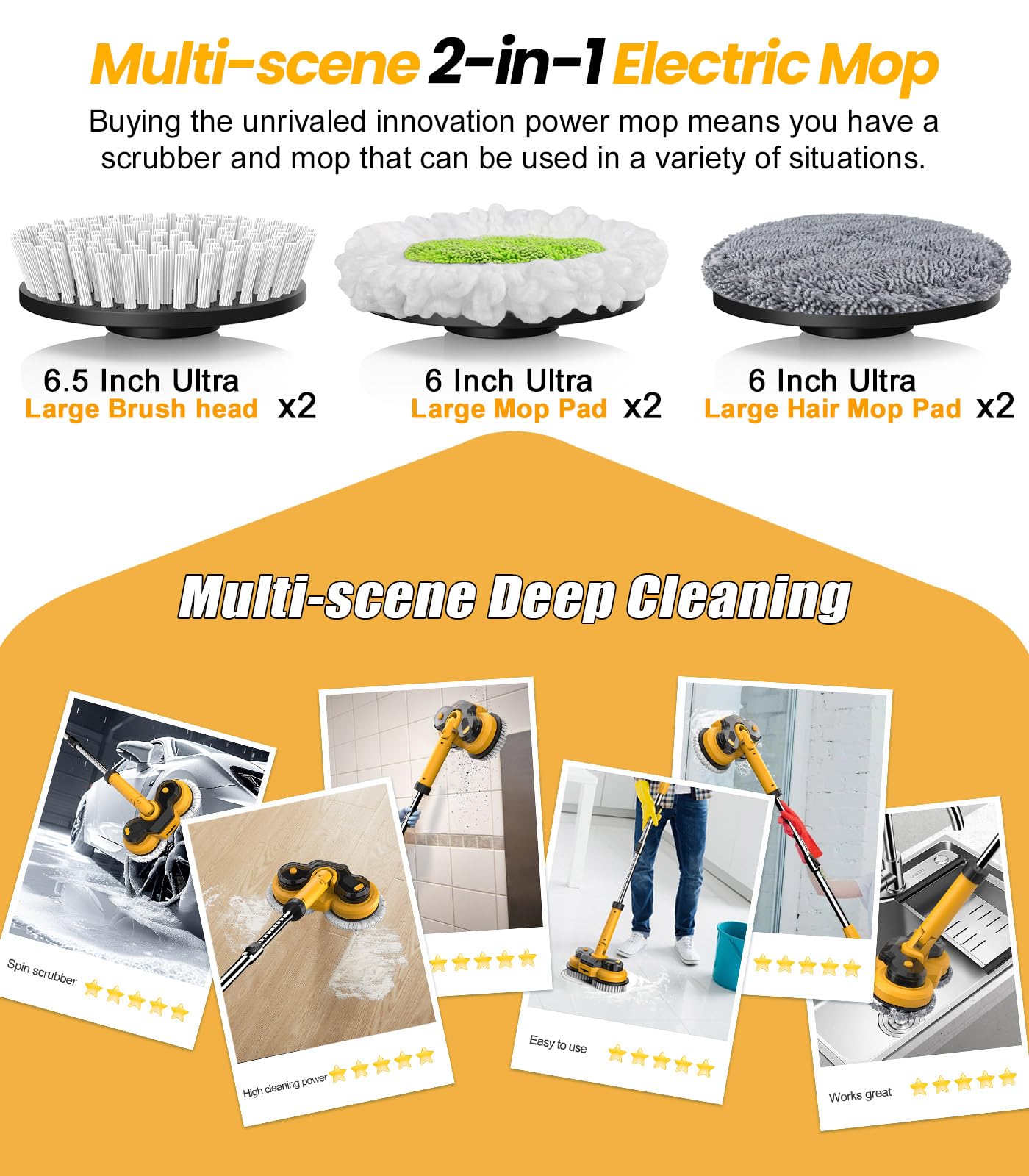 qimedo 6000mAh Battery Electric Mop M1, 800RPM Cordless Electric Power Scrubber & Mops for Floor Cleaning, Best Automatic Spin Mops with Smart Display,Rotating Mop with LED Light & Water Spray