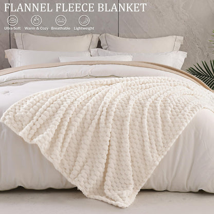 Exclusivo Mezcla Extra Large Soft Fleece Throw Blanket, 50x70 Inches Stylish Jacquard Throw Blanket for Couch, Fuzzy Cozy Lightweight for All Season, Ivory