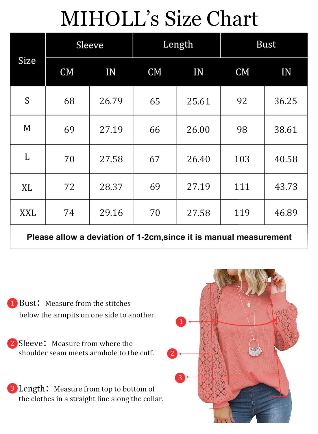 MIHOLL Women’s Long Sleeve Tops Lace Casual Loose Blouses T Shirts Plus Size (Coral, XX-Large)