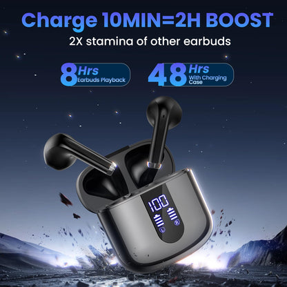 Haqquio Wireless Earbuds, Bluetooth Headphones with Deep Bass Stereo, 48H Playback Ear Buds with LED Power Display, Lightweight, IPX7, in-Ear Earphones with Mic for iPhone/Android/iPad, Black