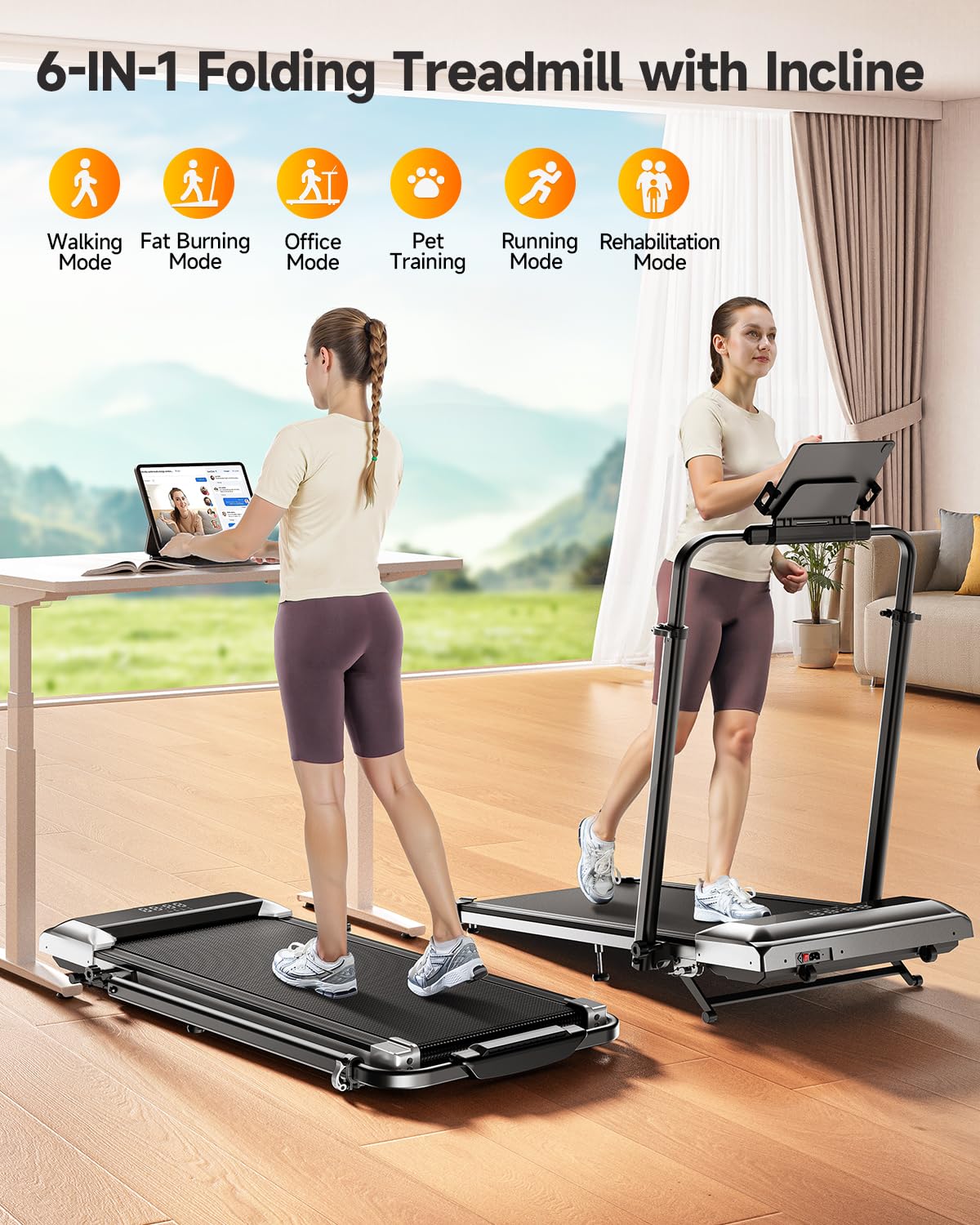 TOPUTURE Walking Pad Treadmill with 12% Incline, 6 in 1 Folding Treadmill with Adjustable Handle Bar for Home/Office, Under Desk Treadmills Portable Walking Pad with App, Remote Control & LED Display