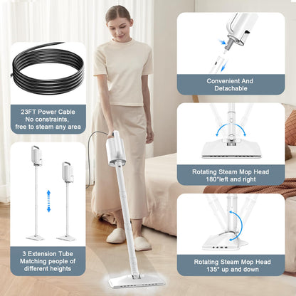 Steam Cleaner, 6 in1 Rotated Steam Mop Cleaner with 2 Modes, 2 Microfiber Pads, 400ML Removable Tank, 23FT Power Cable, Detachable Steam Mops for Floor, Laminate Floor, Tiles Cleaning (White)