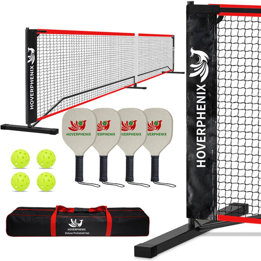 Hoverphenix Pickleball Set with Net for Driveway, Portable Regulation Size Pickleball Net System with Paddle Set of 4, Outdoor Pickleballs, Carry Bag, Weather Resistant Metal Frame