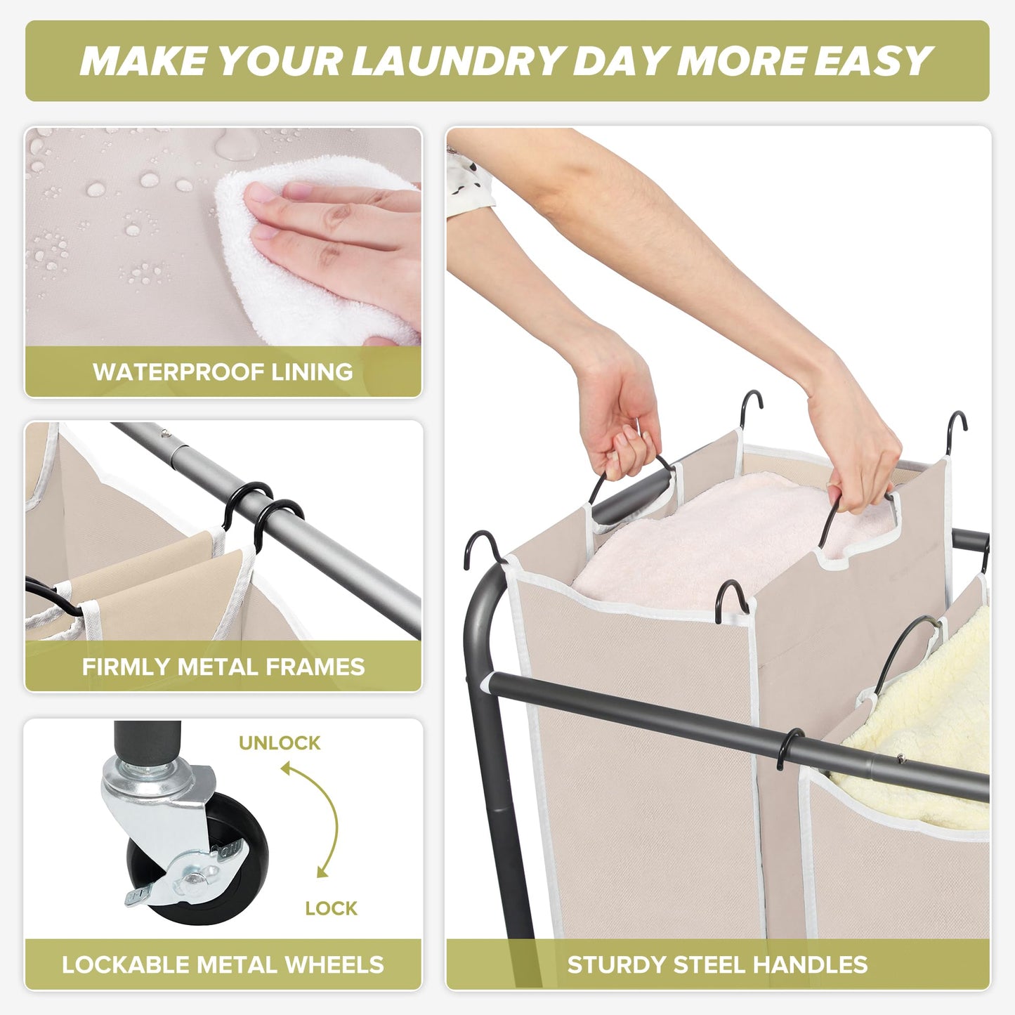 STORAGEIDEAS Laundry Sorter Hamper with Wheels, Heavy-Duty Laundry Sorter Rolling Cart, Lockable Wheels and Removable Bags, 4 Sections, Beige