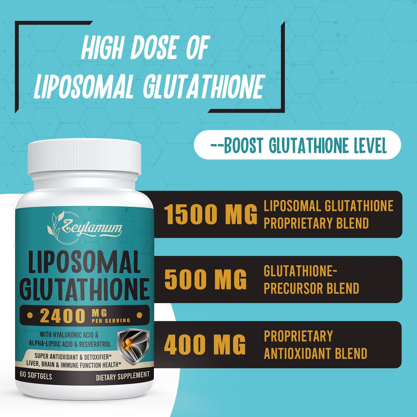 Zeylamum 2400 MG Liposomal Glutathione Softgels, Max Absorption, Active Form L-Glutathione Reduced (GSH), with Hyaluronic Acid, Resveratrol, Master Antioxidants for Brain, Immune System, 120 Softgels