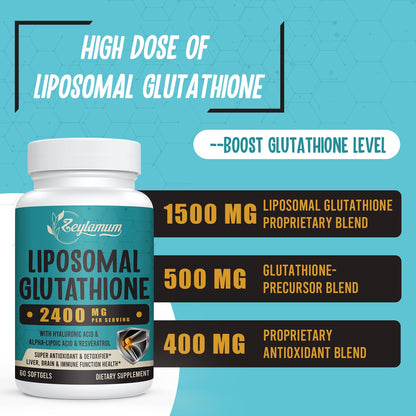 Zeylamum 2400 MG Liposomal Glutathione Softgels, Max Absorption, Active Form L-Glutathione Reduced (GSH), with Hyaluronic Acid, Resveratrol, Master Antioxidants for Brain, Immune System, 120 Softgels