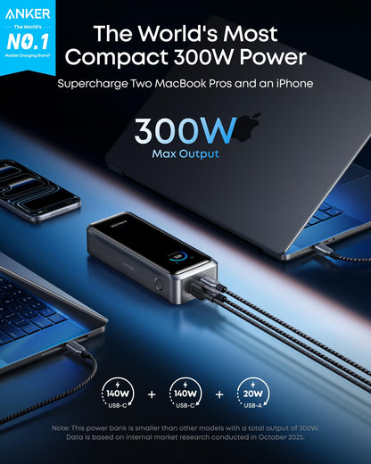 Anker Prime Power Bank, 26,250mAh 3-Port Portable Charger with 300W Max Output, Two-Way Charging, TSA-Approved, App Control, for MacBook, iPhone 17/16 Series, and More (Base Not Included)