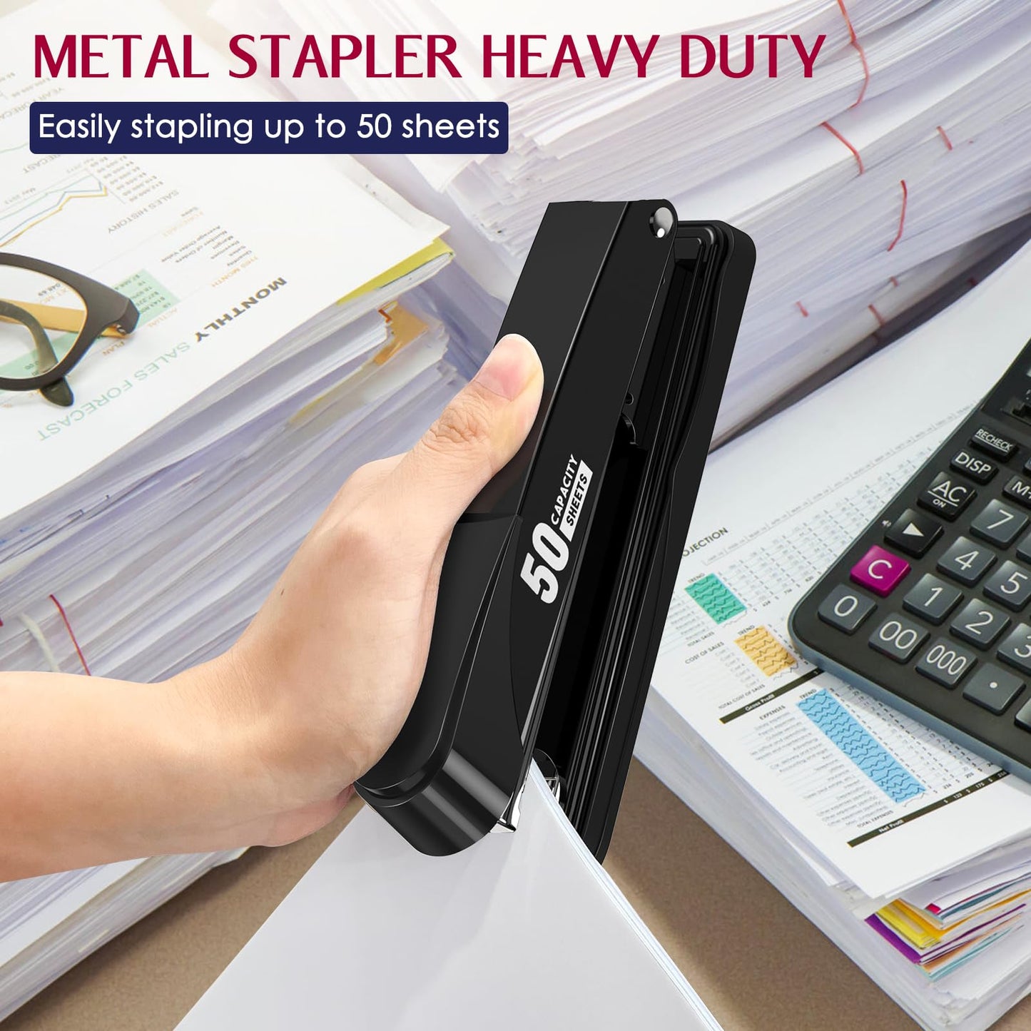 Metal Stapler Heavy Duty 50 Sheet Capacity with 1750 Staples and Staple Remover, Full Strip Staplers for Desk, No Jam, Non-Slip for Office & Classroom, Black