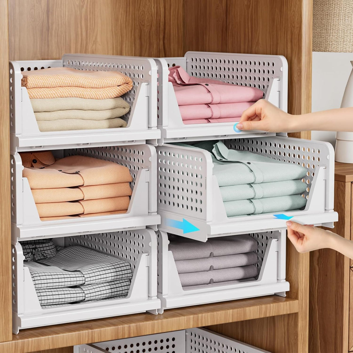 SNSLXH 5 Pack Stackable Closet Storage Basket, Multifunctional & Foldable Closet Organizer for Bathroom Kitchen Laundry Room Wardrobe Storage, Space-Saving Clothes Storage Drawer Organizer, White