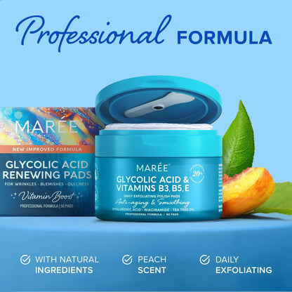 MAREE Glycolic Acid Polishes - Toner Pads for Face Cleansing - Tea Tree Oil, Salicylic Acid & Vitamins E, B3, B5 - Facial Peel & Radiance Deep Cleaning Effect - 50 Count
