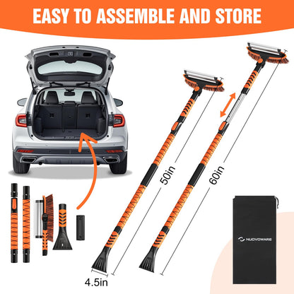 Nuovoware 60" Ice Scraper and Extendable Snow Brush for Car Windshield, 5 in 1 Adjustable Snow Removal Tools with 270° Pivoting Brush Head for Car Auto Truck SUV, Orange