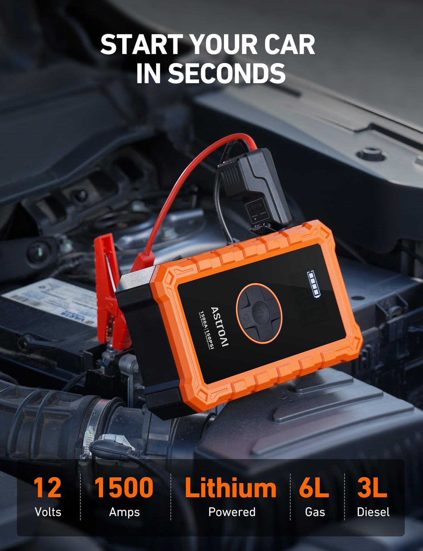 AstroAI S8 Air Jump Starter with Air Compressor, 1500A Car Battery Jumper Starter Portable (6.0 Gas/3.0L Diesel) with 150PSI Cordless Auto-Shutoff Tire Inflator, 12V Battery Charger Booster(Orange)