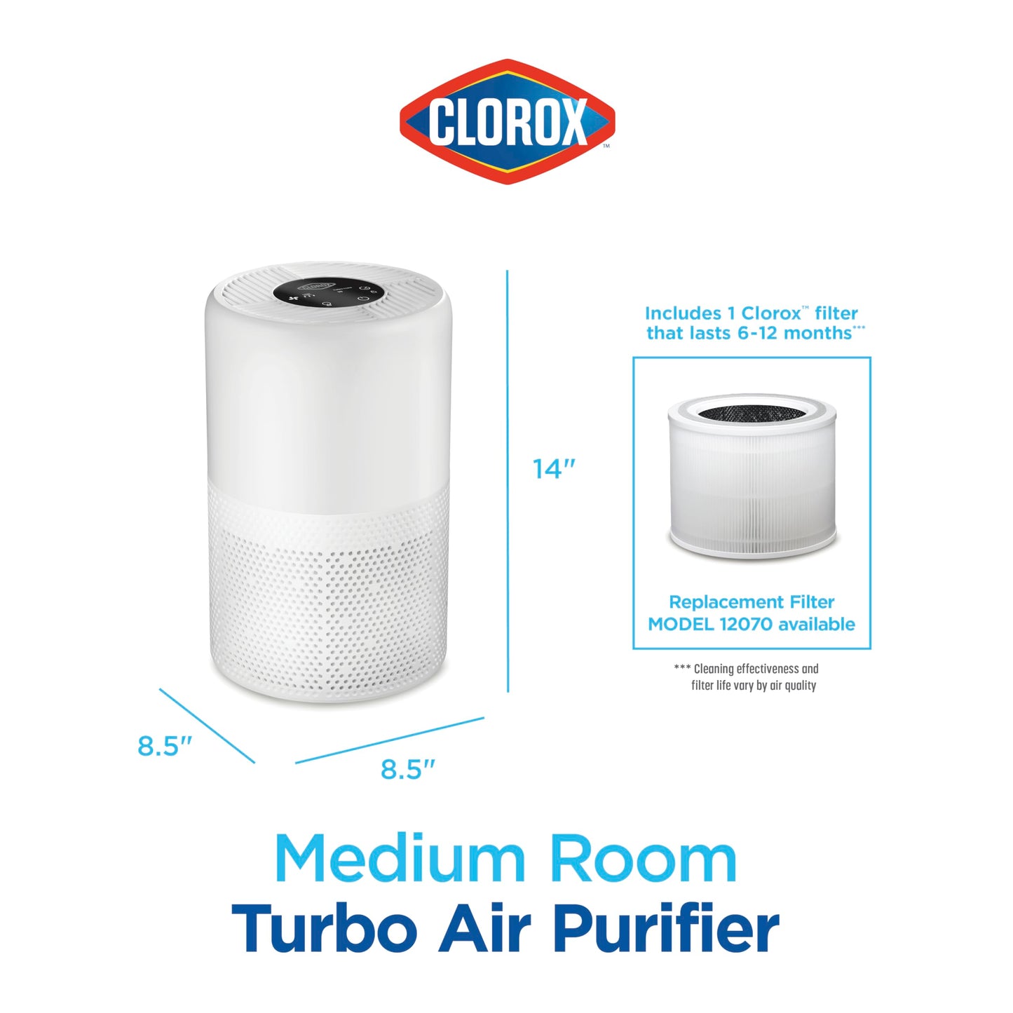 Clorox Turbo Air Purifiers for Home, True HEPA Filter, Quickly Cleans Medium Rooms Up to 1,000 Sq Ft, Reduces 99.9% of Mold, Viruses, Wildfire Smoke, Allergens, Pet Allergies, Dust, Whisper Quiet