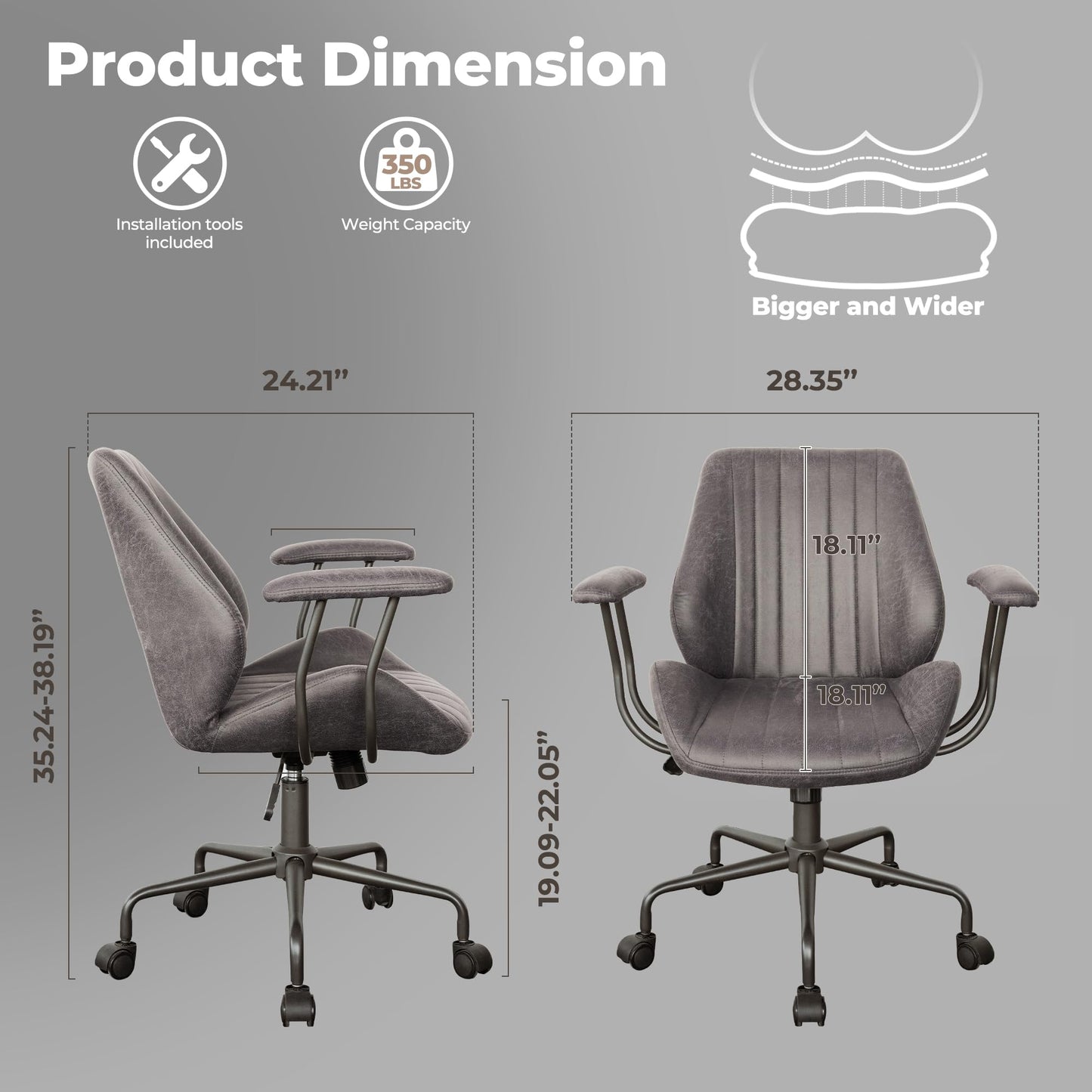 ovios Ergonomic Office Chair, Mid Back Faux Leather Executive Chairs with Armrests, Comfy Mid-Century Modern Swivel Rolling Computer Armchair (Dark Grey, Suede Leather)
