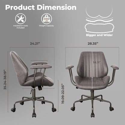 ovios Ergonomic Office Chair, Mid Back Faux Leather Executive Chairs with Armrests, Comfy Mid-Century Modern Swivel Rolling Computer Armchair (Dark Grey, Suede Leather)